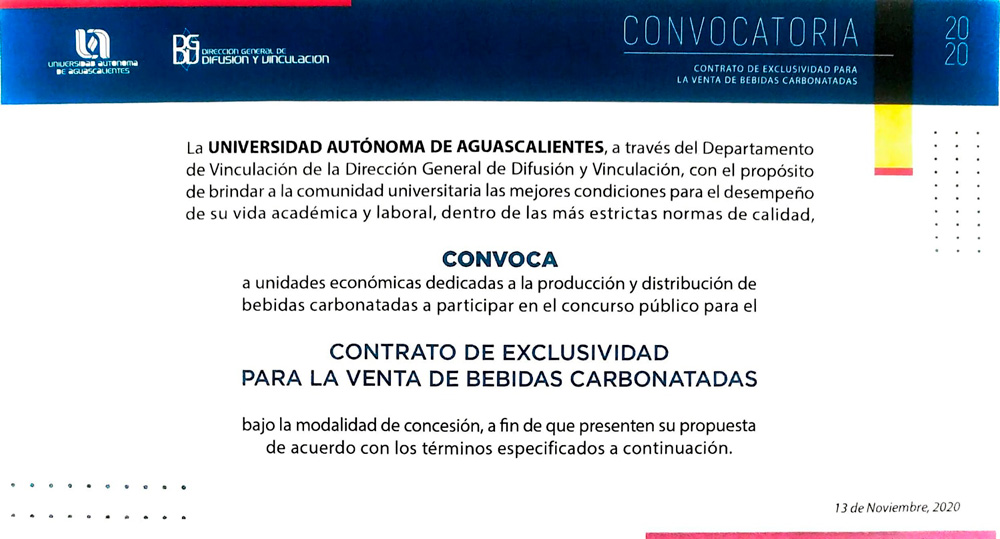 Convocatoria a para participar en el concurso para el Contrato de Exclusividad para la Venta de Bebidas Carbonatadas